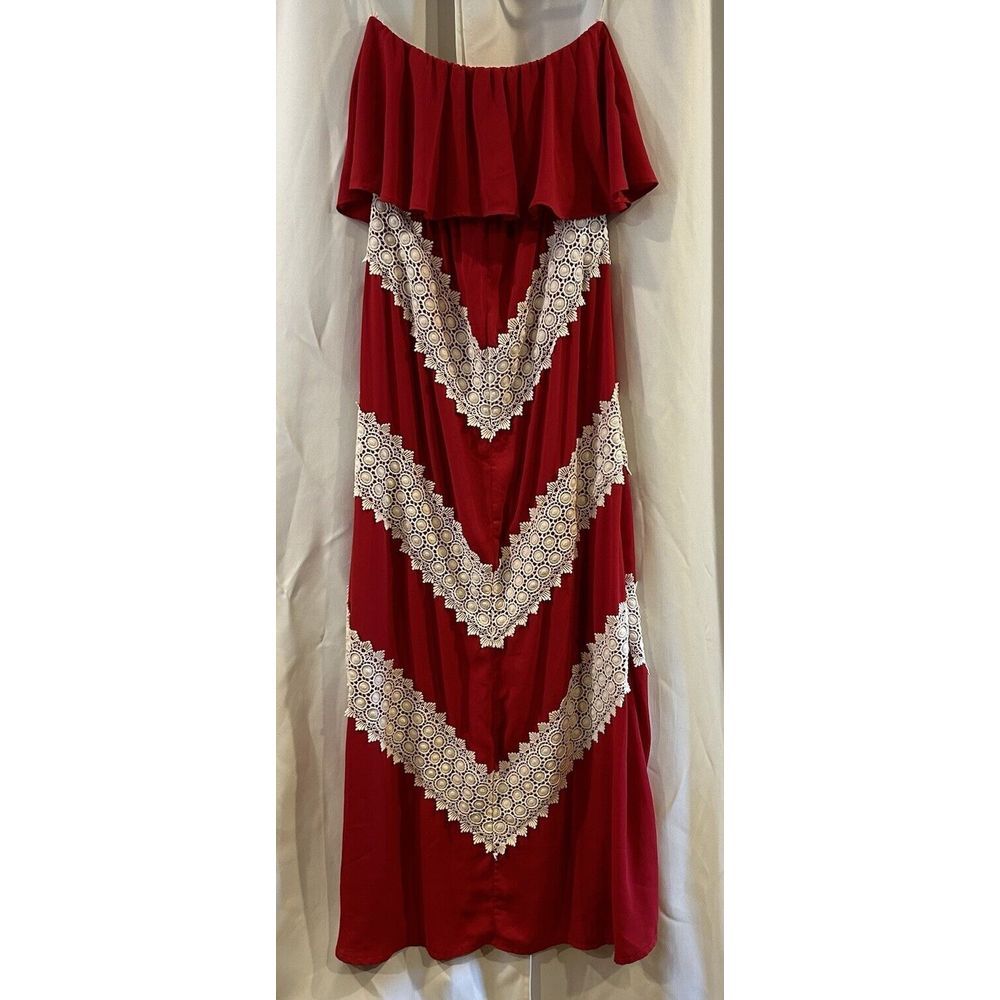 Judith March Crochet Maxi Dress Size Medium Strapless Boho Beach Long Chevron